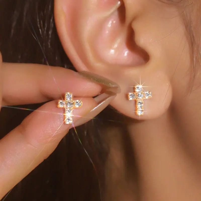 Elegant Women's Studded Cross Earrings Set, Sparkling Water Diamond Design, Perfect Party Style Jewelry, Lightweight & Stylish Accessory, Studs Earrings