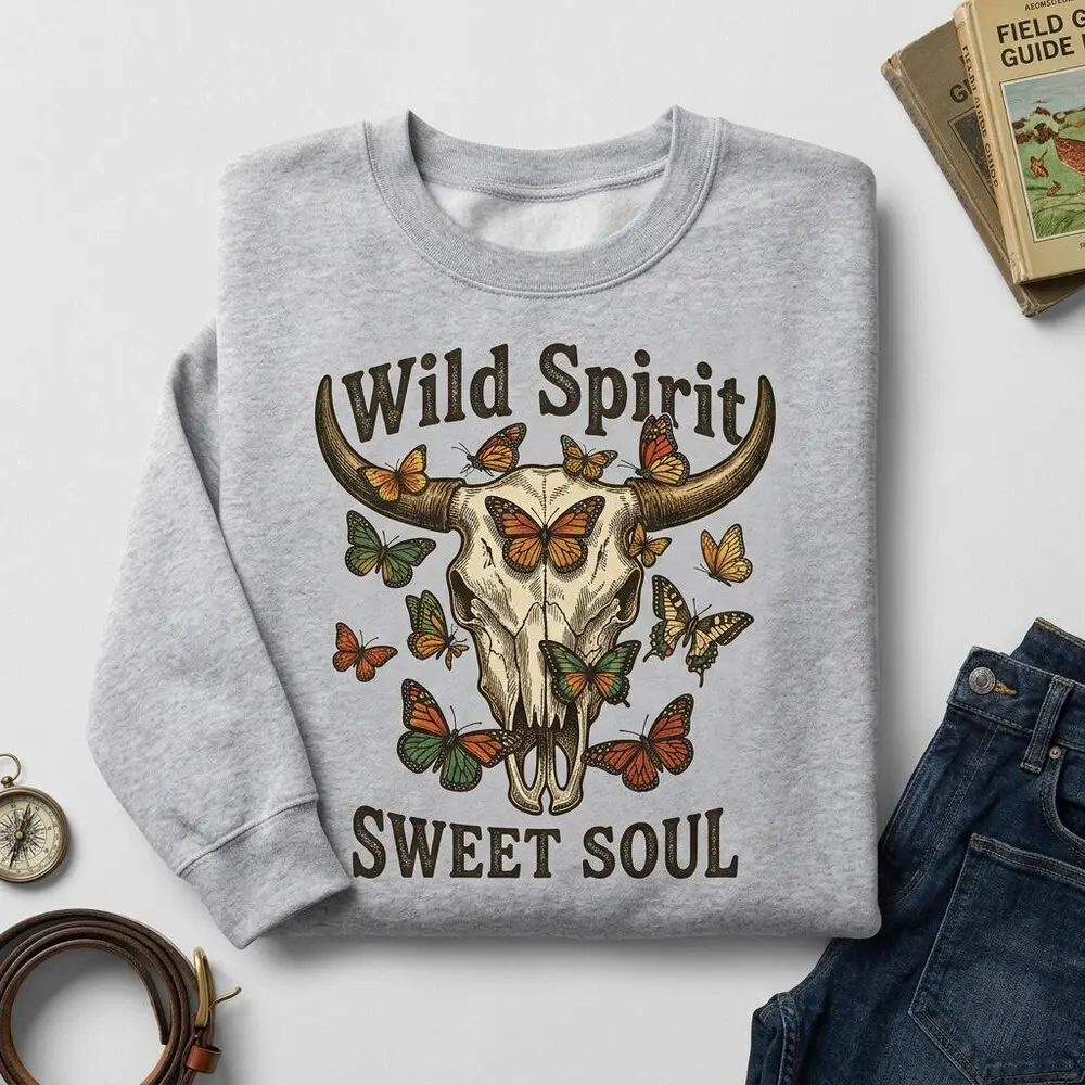 Women's Western Boho Vintage Tops - Long Sleeve Cowgirl Pull-On Sweatshirt, Digital Print Retro Bull Skull Graphic, All Seasons Heavy Blend Fitted Pullover, Hoodie, American Vintage Graphic Women's Pullover Sweatshirts, Animal Graphic Women's Pullover Swe