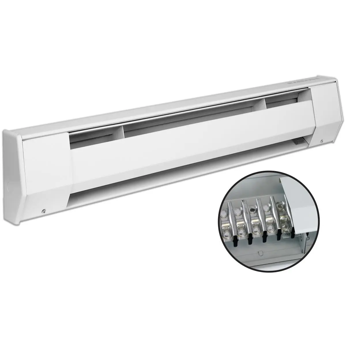 212 MAIN 5 ft. Full-Length Baseboard Heater for Apartments - 240-208V, 1250W/938W, White, Aluminum Fins, Convection Heating, Safety Cutout, Back Wired Design, Cable Clamps, Crushproof Element, Dent Resistant Die Form Cover