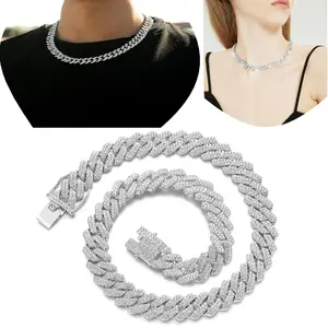 Cuban Link Chain for Men Women Silver Bling Diamond Hip Hop Jewelry 14mm Wide 45cm Long Rhinestones Ideal for Parties Gifts
