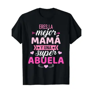 Men's Spanish Text T-Shirt - Funny Spanish Saying "I Have the Best Mom & Grandma" (Mama & Abuela) - Pink & White Print Casual Round Neck Tee for Spanish Speakers, Family Gifts, Casual Attire