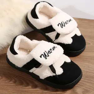 Women's Fuzzy Lace-Up Slippers Retro Color Block Design Warm Flat Fashion Plush Lined Indoor Outdoor Shoes