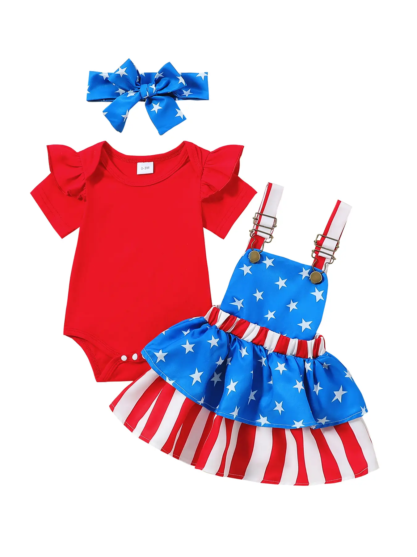Baby 4th of July Independence Day Clothing Set Baby Girls 0-24 Months Romper and Strap Skirt and Headband Clothing Babygirl Clothes Products #springto