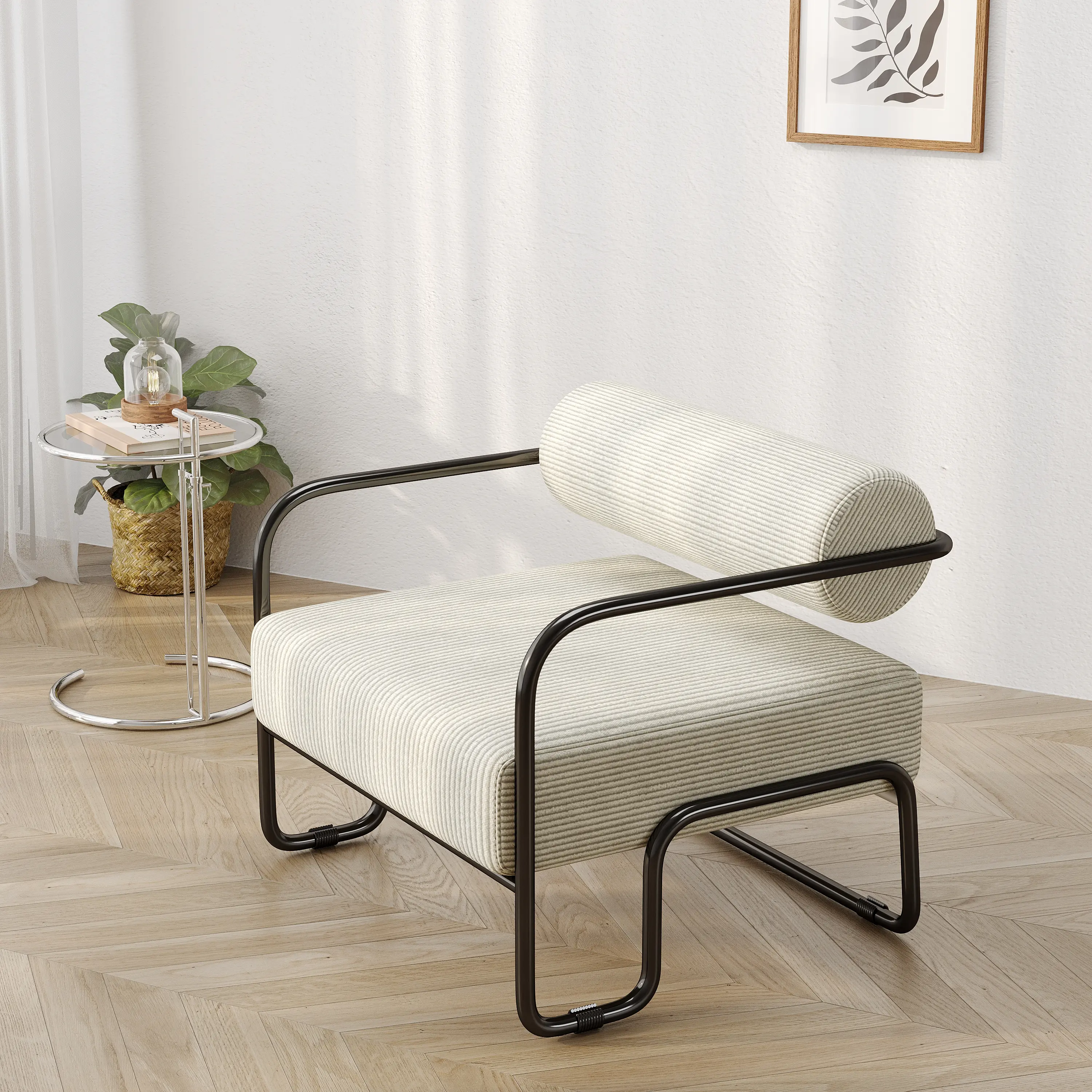 Dreamzon Sturdy Iron Lazy Boy Chair - Ergonomic Single Chair with Integrated Back, Fixed Arms, Curved Seat, Corduroy Fabric, Anti-Slip Pads, Easy Install Tool-Free Setup for Living Room, Balcony Leisure (Color: Beige)