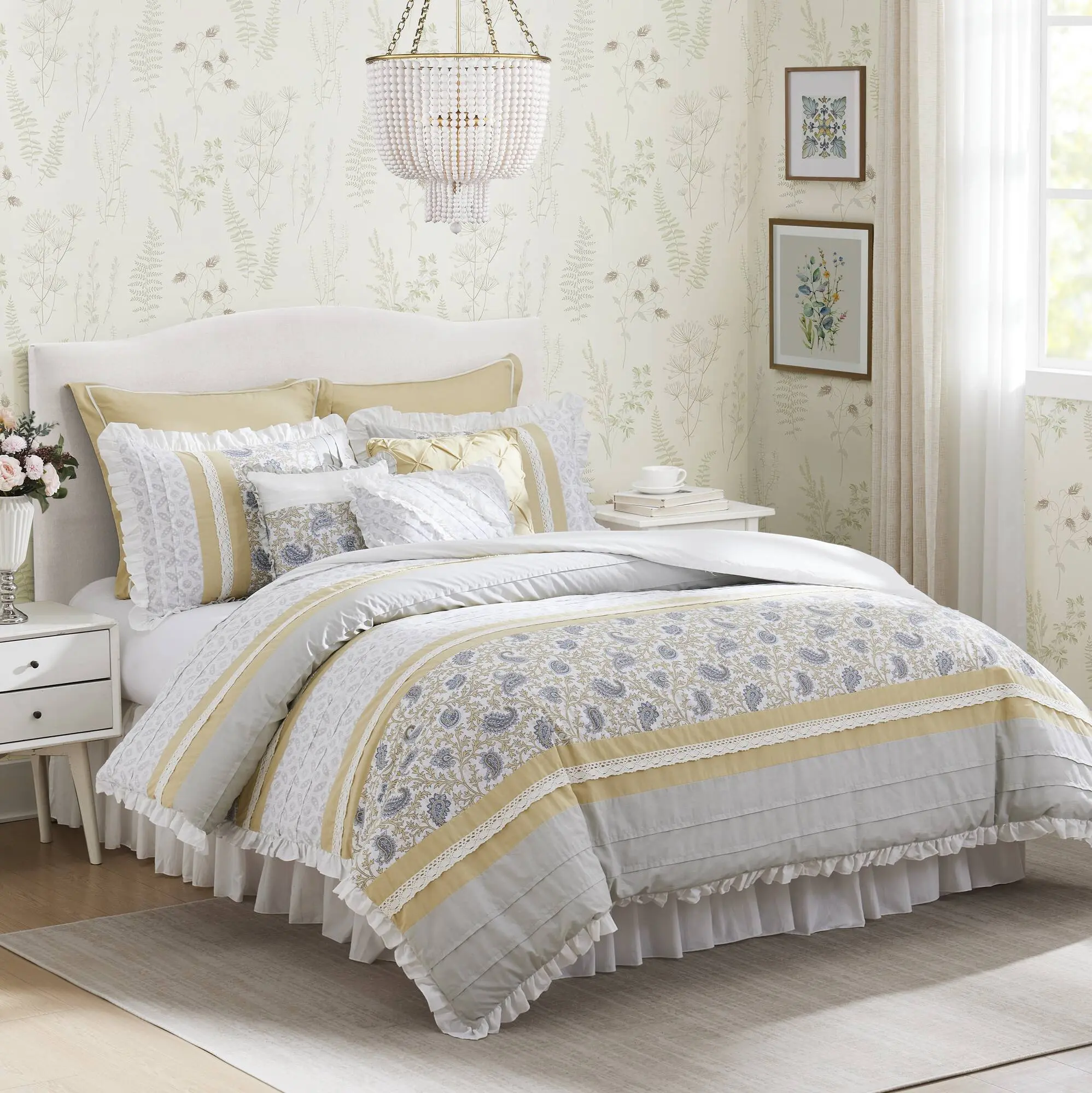 Cotton Percale Comforter Set, 9-Piece Bedding Bundle, Queen Size, Yellow, Breathable Down Alternative Fill, Lightweight All-Season, Easy Care Machine Washable