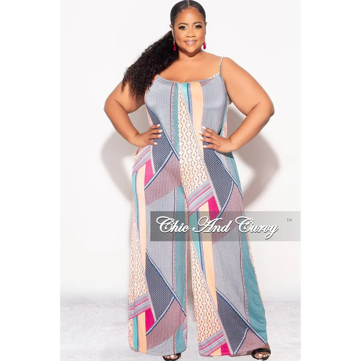 Final Sale Plus Size Spaghetti Straps Jumpsuit in Orange, Fuchsia & Aqua Multi-Color Print