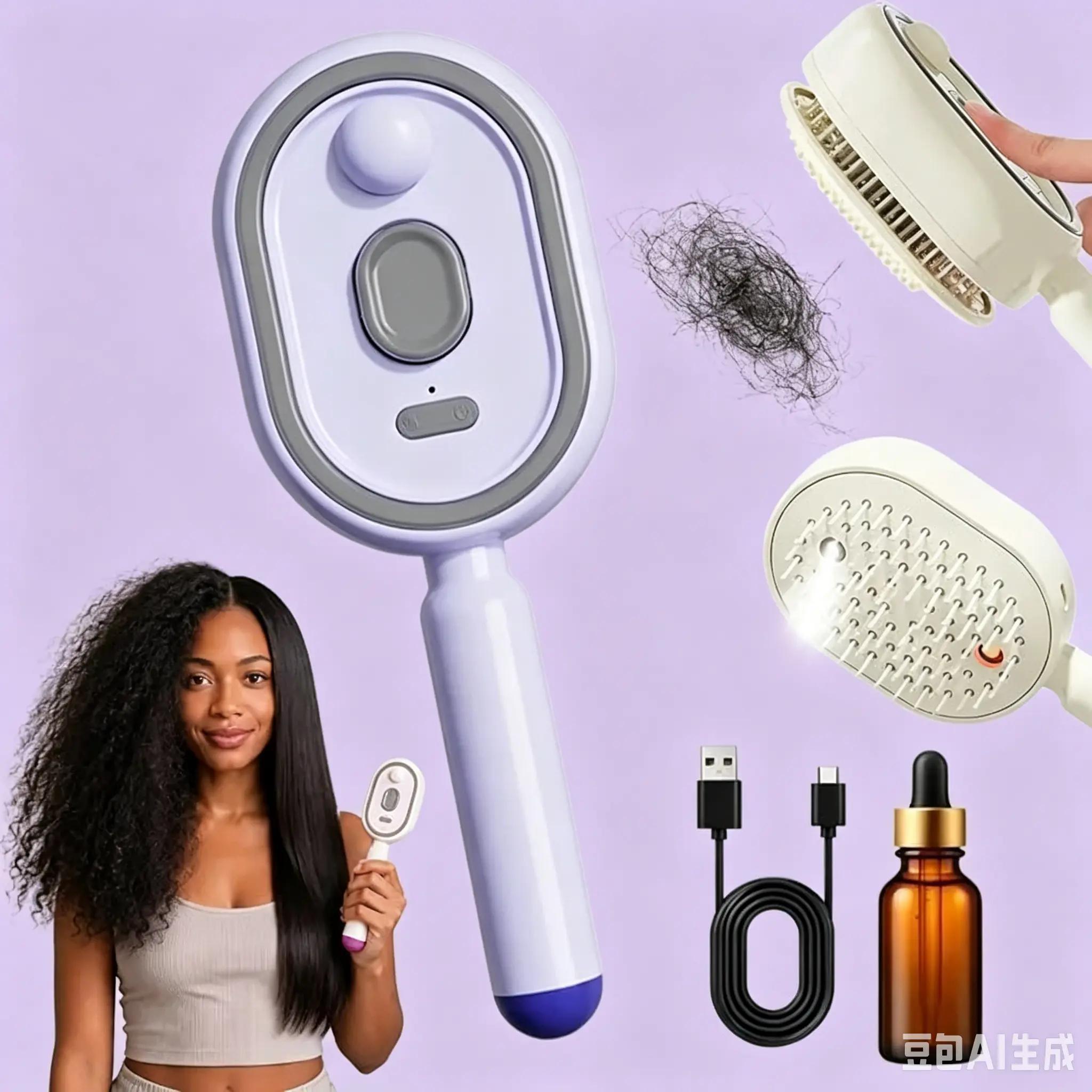 Electric Hair Brush with Nano Mist & Red Light Therapy - Self-Cleaning Detangling Scalp Massager(With essential oil)
