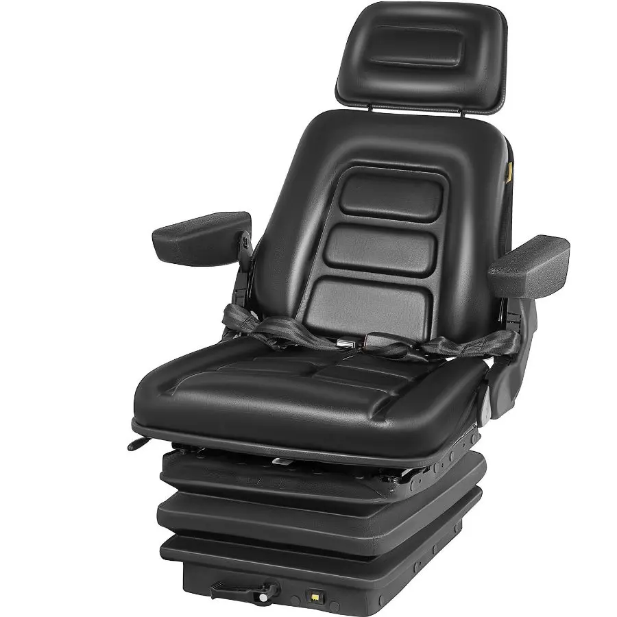 New Low Profile Polyurethane Foam Suspension Seat with Adjustable Armrest, Steel Frame, Belt & 0-90° Adjust, Ergonomic Back Pain Relief for Dozer, Tractor
