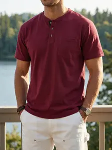 Men’s American-Style Summer Minimalist Vintage Colorblock Loose Short-Sleeve Henley Shirt mens work hoodie Crewneck White T-shirt tees graphic