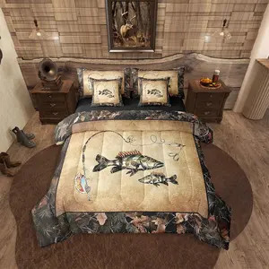 Rustic Bass Fish Comforter Set with Sheets 7 Piece Country Camo Fishing Bedding Set,Woodland Camouflage Lake Fish Bed in A Bag for Kids Boys Teen Men Retro Farmhouse Cabin Bed Set