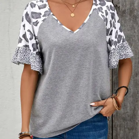 Plus Size Women's Casual Stylish Leopard-Print Patchwork Ruffled Sleeve V-Neck Top, Y2K Clothes, Summer Everyday Daily Wear, Comfortable Relaxed Fit Short-Sleeve Top Shirts