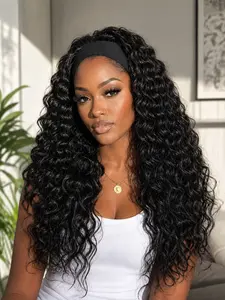 Headband Wig Synthetic Hair Deep Wave, Deep Wavy Hair, 24 Inch Glueless Brazilian Virgin Hair, No Lace Front, Machine Made, for Women