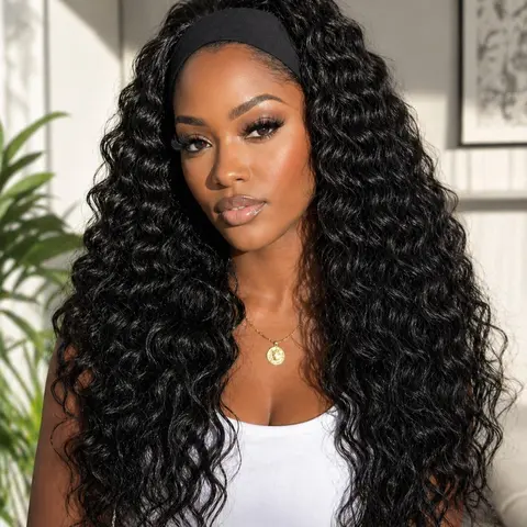 Headband Wig Synthetic Hair, Deep Wavy Hair, 24-Inch Glueless Brazilian Virgin Hair, Machine Made, No Lace Front Hair for Women