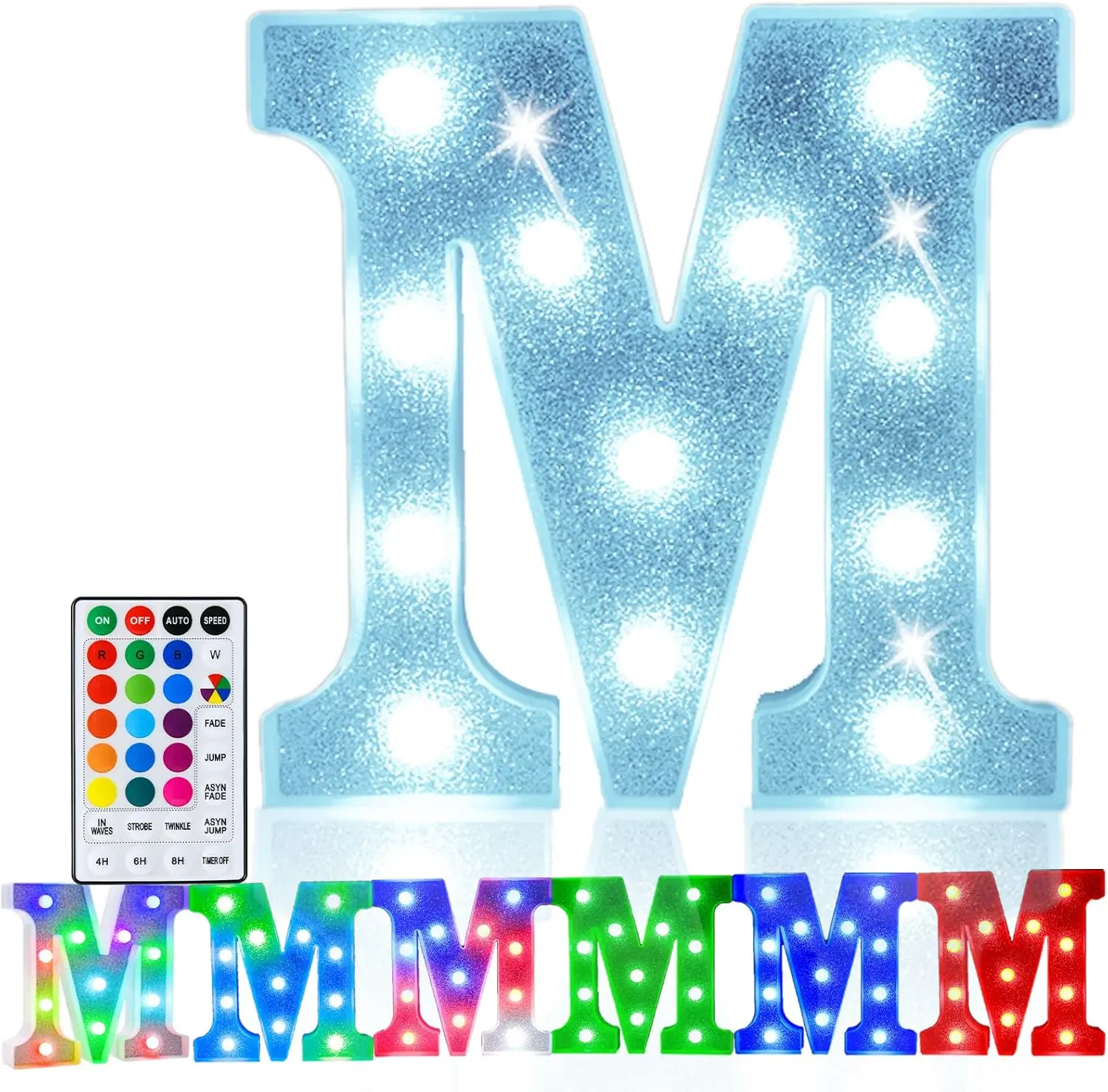 Colorful Light Up Letters, Led Marquee Letter Light Sign Battery Powered, 18-Colors Lamp with Remote for Birthday Party Wedding Home Christmas Decoration, Glitter Silver Letter M