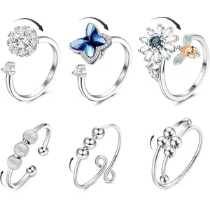 MILACOLATO 3/6 Pcs Fidget Anxiety Rings for Women Adjustable Open Ring Set Spinner Fidget Rings for Anxiety Cubic Zirconia Flower Butterfly Bead Stress Relief Stackable Rings