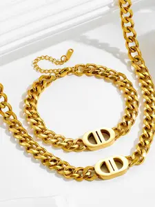 Women's Titanium Steel Necklace & Bracelet Set, Elegant D Letter Chain Jewelry for Women, Party & Holiday Accessories