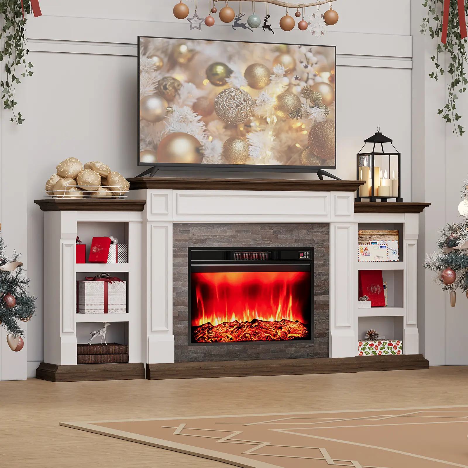 LGHM 80" Electric Fireplace with Mantel, Fireplace TV Stand for TVs Up to 90 Inch,Farmhouse Entertainment Center with Storage, 30'' Fireplace Heater Insert with 3D Flame Effect for Living Room