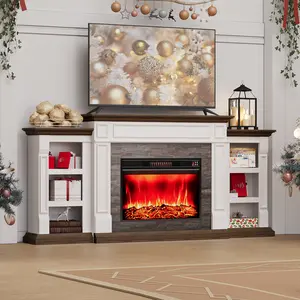 LGHM 80" Electric Fireplace with Mantel, Fireplace TV Stand for TVs Up to 90 Inch,Farmhouse Entertainment Center with Storage, 30'' Fireplace Heater Insert with 3D Flame Effect for Living Room