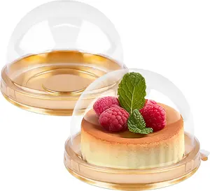 Pack of 50 - Mini Cake Containers, Clear Plastic Small Cupcake Boxes with Dome Lids for Individual Chocolate Covered Cookies, Strawberry, Mooncake (Gold)