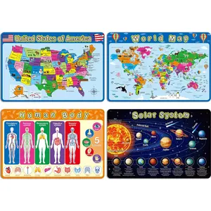 4 Pcs Kids Placemats for Dining Table Educational Preschool Toddler Placemat,Learning,Non Slip,Washable,Reusable,Plastic,for Nursery Home Kindergarten Classroom(Map, Human Body, Solar System)