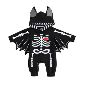 Kids Clothes Boys Black Long Sleeve Romper with Hood Solid Color Bodysuits for Baby Boys 0-24 Months Hooded Design with Bone Pattern