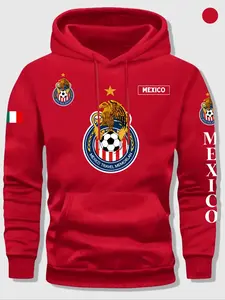 Mexican Flag Football Letter Print Hooded Fleece Sweatshirt Set, Men's Casual Long Sleeve Jacket with Hat, Fall & Winter Fashion