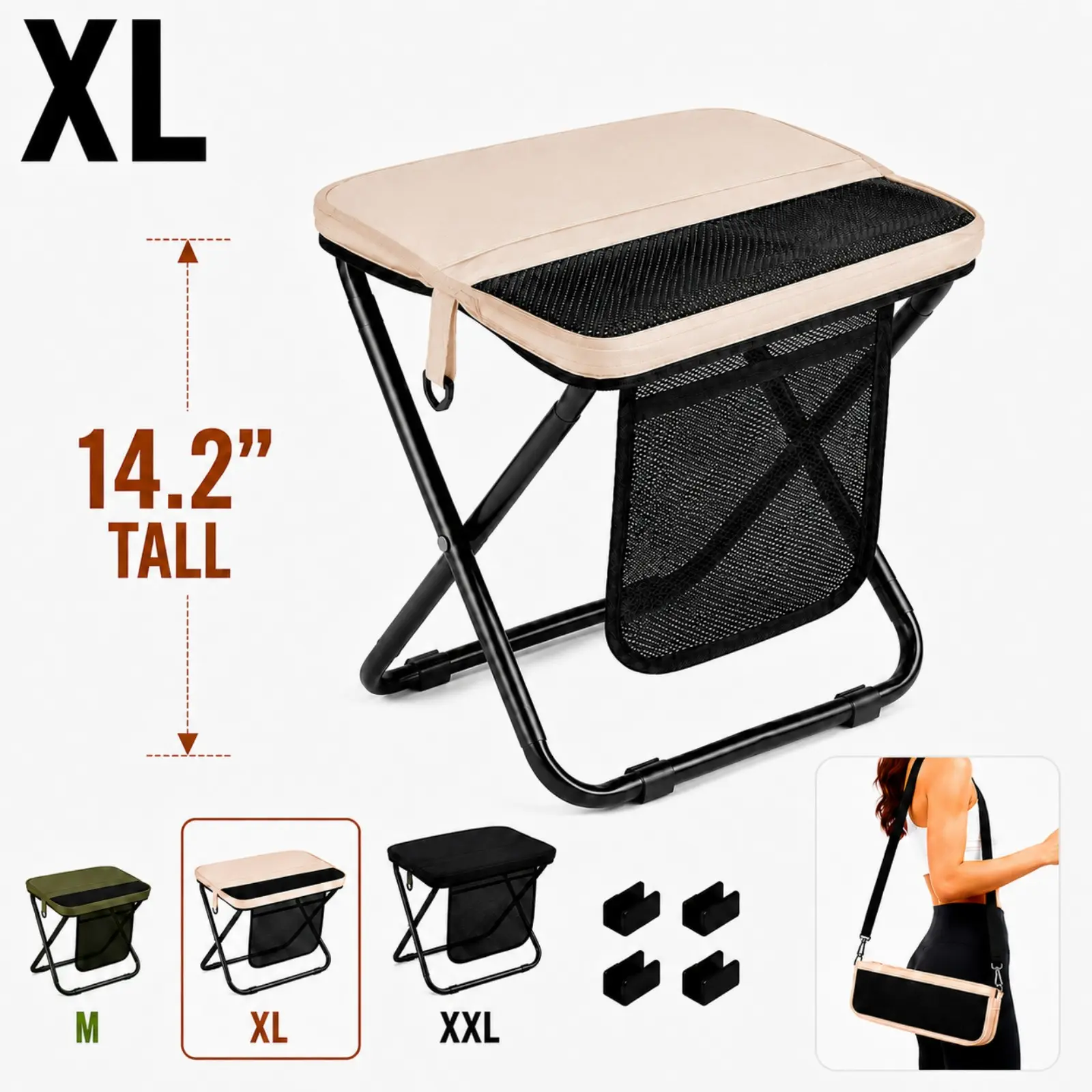 Wstrnix 14.2" Extra Tall Quad Fold Easy-Carry Folding Travel Stool for Adults - 2-in-1 Portable Outdoor Sports Stool with Shoulder Strap, Lightweight for Hiking/Light Outdoor Events, Easy-Carry Stools