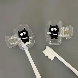 2pcs Set of Black Kitten Holding Toothbrush Design Portable Toothbrush Head Covers, Storage Box, Toothbrush Protector Holder, Essential Bathroom Accessories for Home and Business Travel, Daily Use, and Outdoor Trips. Portable Toothbrush Storage Case