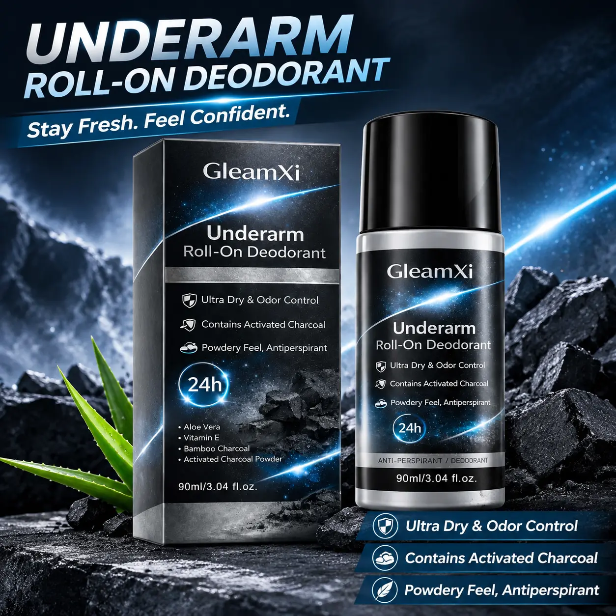 Underarm Roll-On Deodorant with Activated Carbon 24-Hour Odor Protection  Strength Sweat Control for Excessive Sweating and Hyperhidrosis Helps Brighten Dark Underarms Men and Women 3.38 fl.oz