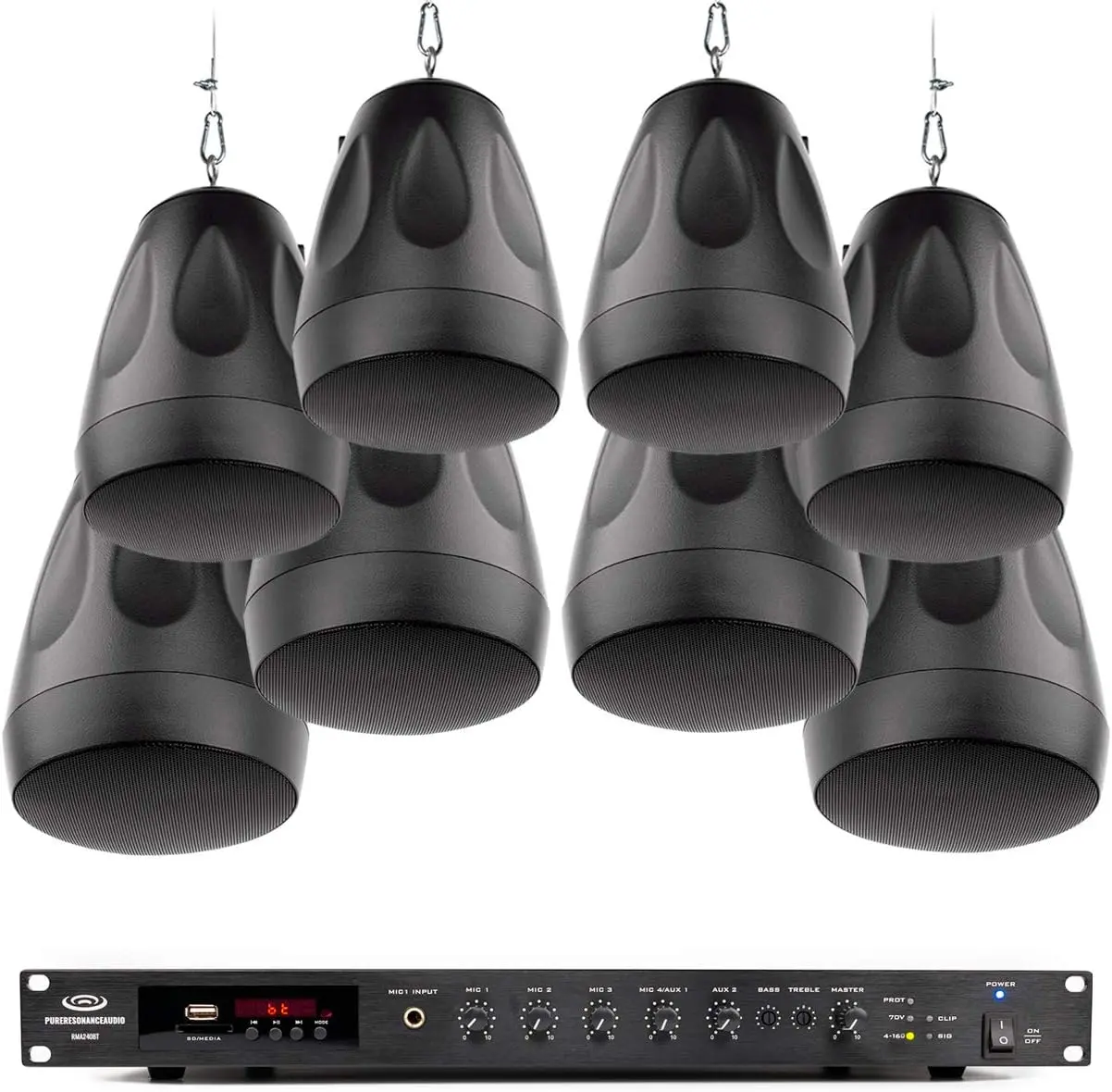 Pure Resonance Audio PD4 Pendant Speaker Bundle - RMA240BT 240W Rack Mount Bluetooth Mixer Amplifier, Speaker Wire, 10-Item Retail Store Sound System