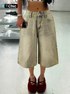 Women's Mid Rise Vintage Tinted Wash Denim Jean Culottes, Oversized Baggy Wide Leg Shorts, 90s Retro Streetwear, Comfortable for Casual