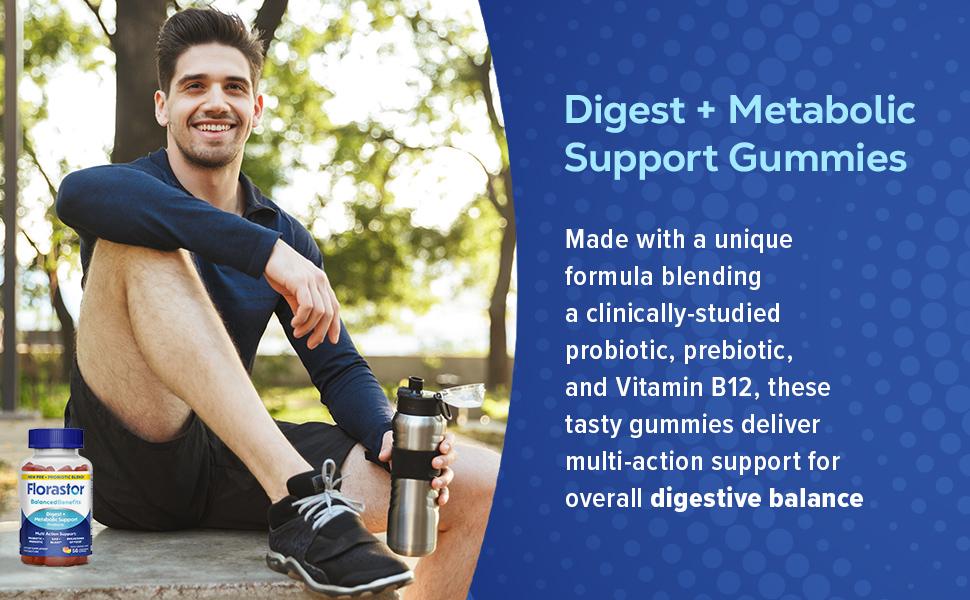 Florastor Prebiotic and Probiotic Gummies Supplement, Digestive and Metabolic Support Probiotic Blend for Multi-Action Digestive Healthcare, with Vitamin B12