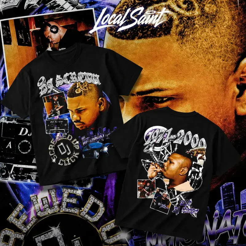 DJ Screw The Originator Heavy Cotton Unisex Graphic T-Shirt Hoodie Houston Texas Screwed Up Click DJ Screw 713 Crewneck Tee, Vintage Streetwear Graphic T-Shirt Direct To Garment Breathable Print