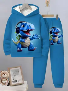 Boys Fashion Dinosaur Pattern 3D Printed Hooded Sweatshirt Set, Long Sleeve Sports Wear, Spring Fall Winter Outdoor Hoodies