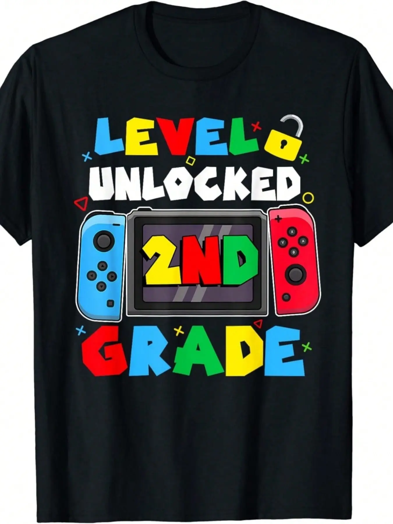 Unisex 2nd Grade Level Unlocked Video Game T-Shirt, Basic Solid Cotton Crewneck Short Sleeve Tee, Comfy Casual Loungewear, Back To School Gift For Gamer Boys Girls