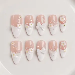 3D Flower Bow Press On Nails Durable & Reusable Long-Lasting Gel Fake Nails for Woman