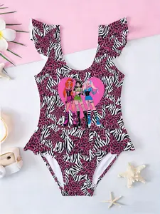 K-POP Cartoon Kids Girls One-Piece Swimsuit, Leopard Zebra Print Ruffle Beach Swimwear, Best Gift for Birthday & Back to School