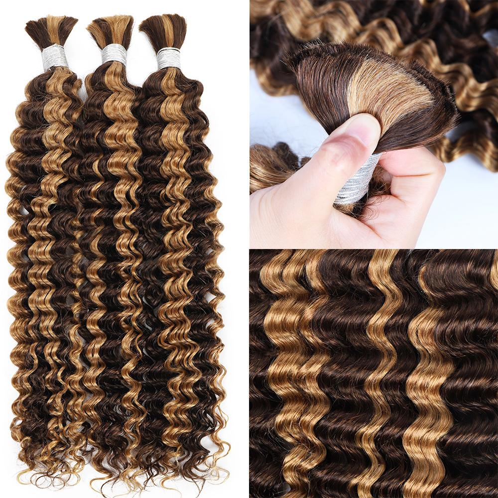 P4/27 Human Hair Braiding Hair Honey Blonde Deep Wave Bulk Human Hair for Braiding Highlight Ombre Brown Curly Bulk Human Hair for Boho Braids SpringStatements