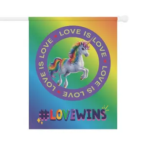 Garden Flag, Love Wins Rainbow Unicorn Banner, Love is Love, LGBTQ Pride Decor, Outdoor Yard Art, Garden Decoration