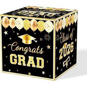 Black Graduation Congrats Card Box, Class of 2026 Black Gold Graduation Party Decorations Money Card Boxes Holder, Graduation Gift Card Box for Grad Parties Supplies 8.7 x 8.7 x 8.7 Inch