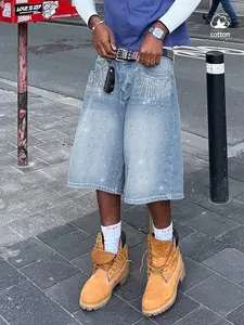 Y2k2026 Summer Fashion Rhinestone Casual Everyday Streetwear Seven-Quarter Jeans, High Waist Loose-Fitting Denim Bermuda Shorts, High Waisted Shorts, American Street Style
