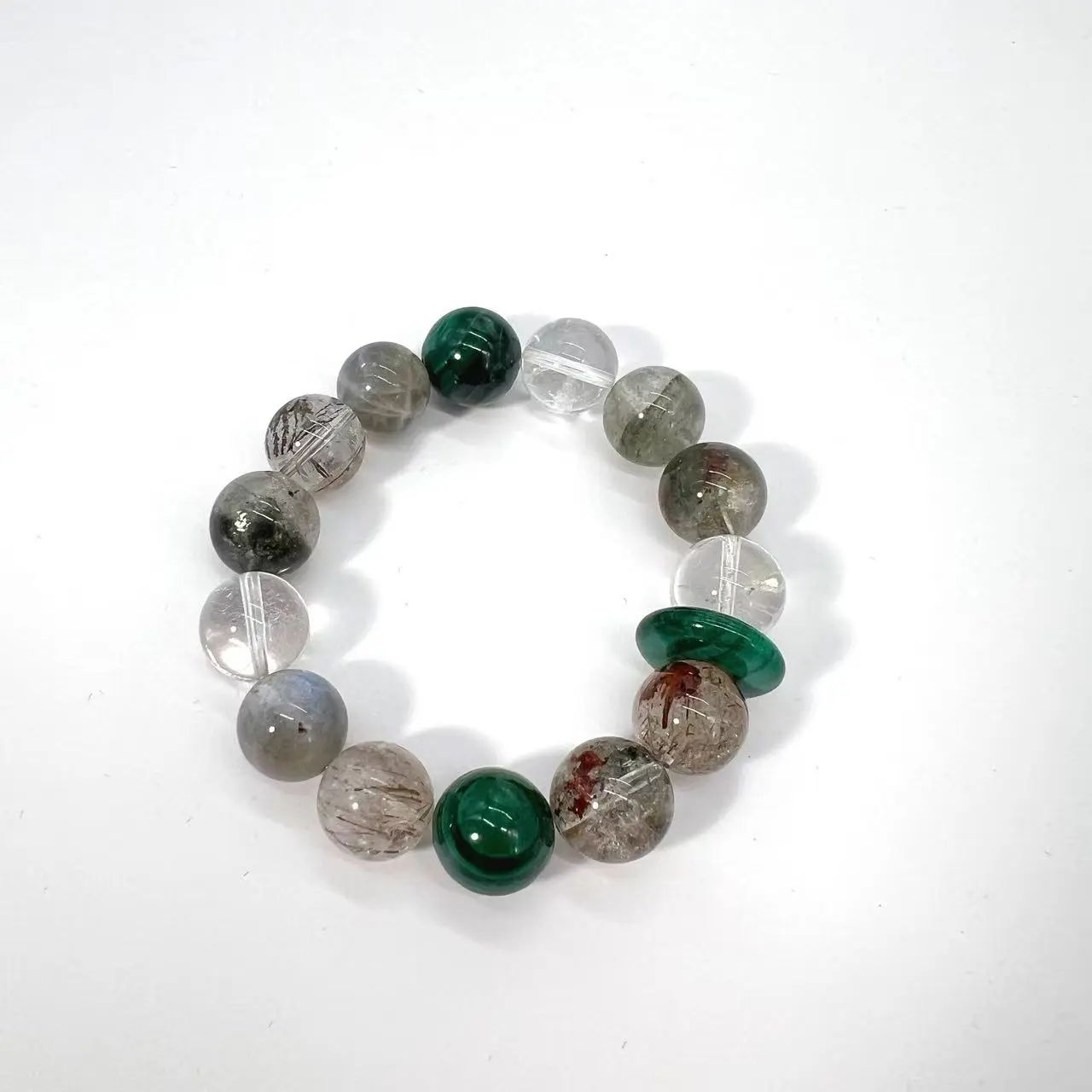 Green Phantom & Rutilated Quartz Bracelet, Malachite Beaded Crystal Jewelry