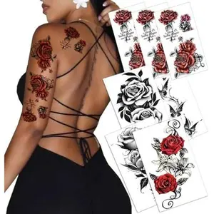 7pcs Red Temporary Rose Flower Arm & Leg Tattoo Stickers, Sexy Stripper Chest & Thigh Design, Waterproof, Perfect For Women (rose-black)