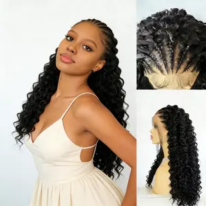 【RXC】Glueless Lace Front Cornrow Knotless Braided Wigs With Curly Ends Synthetic Wig With Natural Baby Hair For Black Women Party Daily Use Hair Wig 1B#