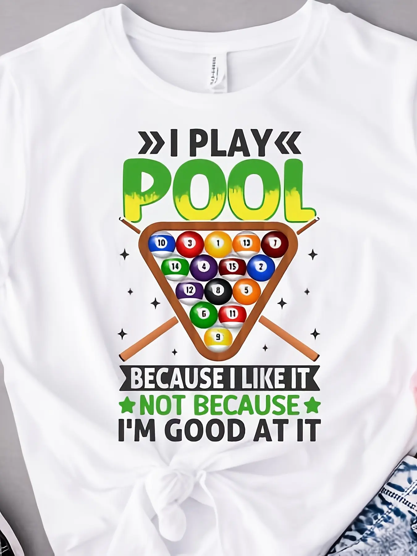 Men's Short-Sleeve Billiards T-Shirt, 2026 Spring Summer Menswear Streetwear, "I Play Pool Because I Like It" Funny Design, Balls Graphic, Comfortable Fabric