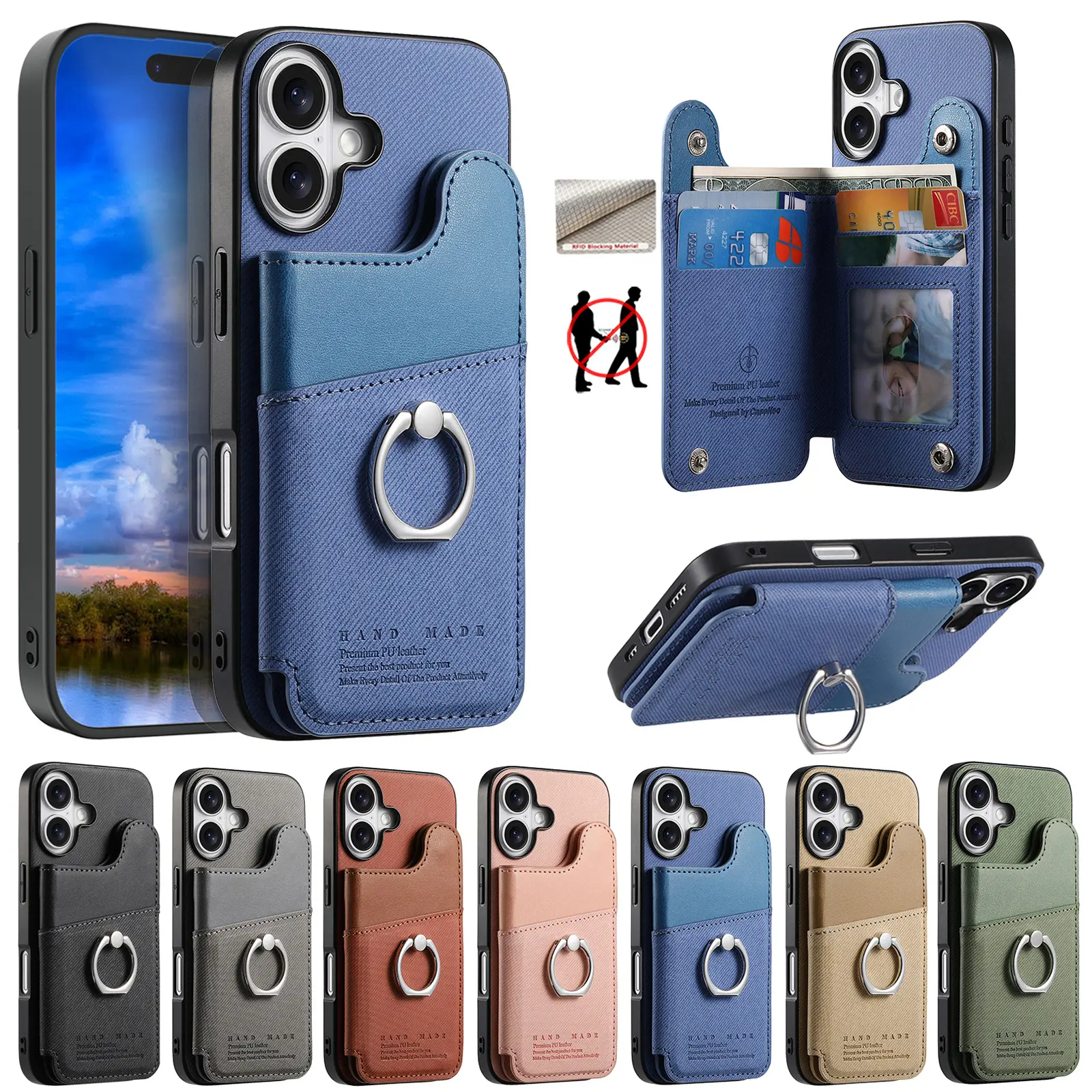 (Case & Nova) Metal Handheld Cellphone Cover, RFID Shielding PU Leather Accessory with Multi-Slot Wallet, 360° Ring Stand, Slim Anti-Drop, Abrasion-Resistant, Shockproof Bumper for Multiple iPhone Models, Samsung S26 Ultra