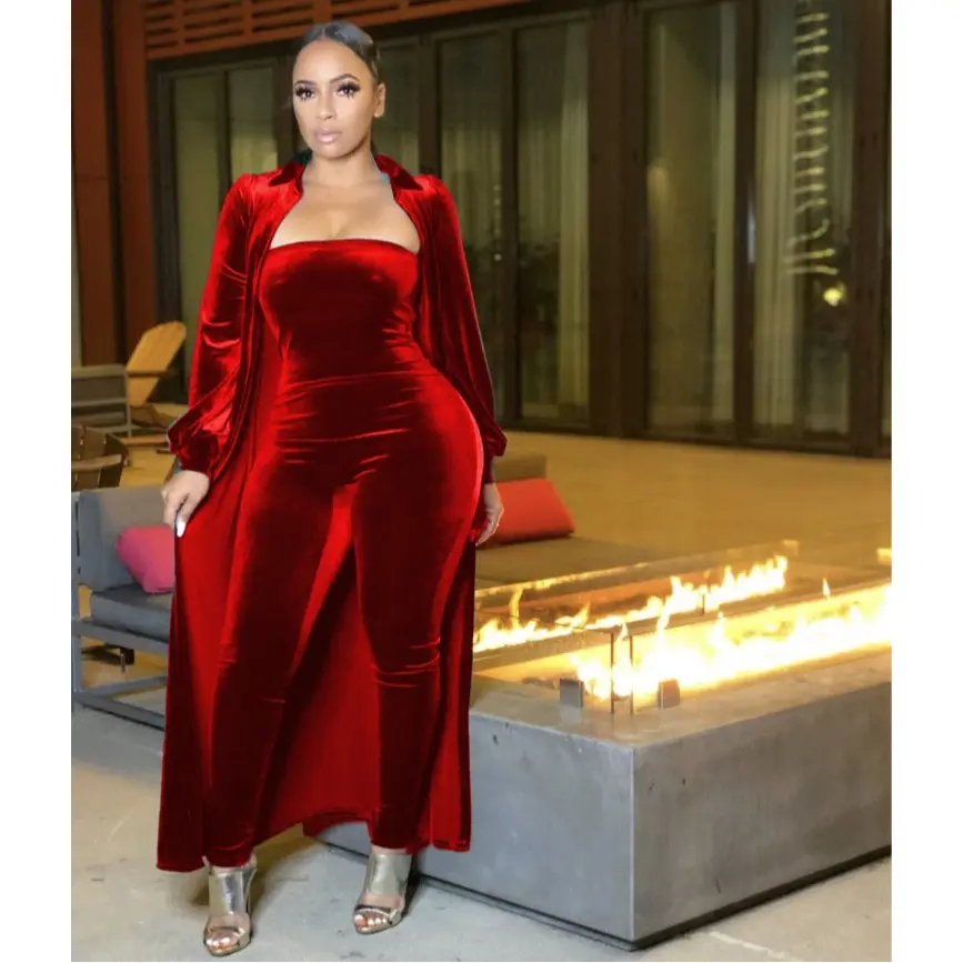 Red Velvet Solid Strapless Jumpsuit Cardigan Suit 2 Piece set