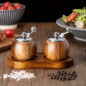 1pc/ 3pcs/ Round Ball Grinder Hand-cranked Acacia Wood Pepper Grinder Base Ceramic Core Manual Pepper Grinder Kitchen Tool Seasoning Utensils