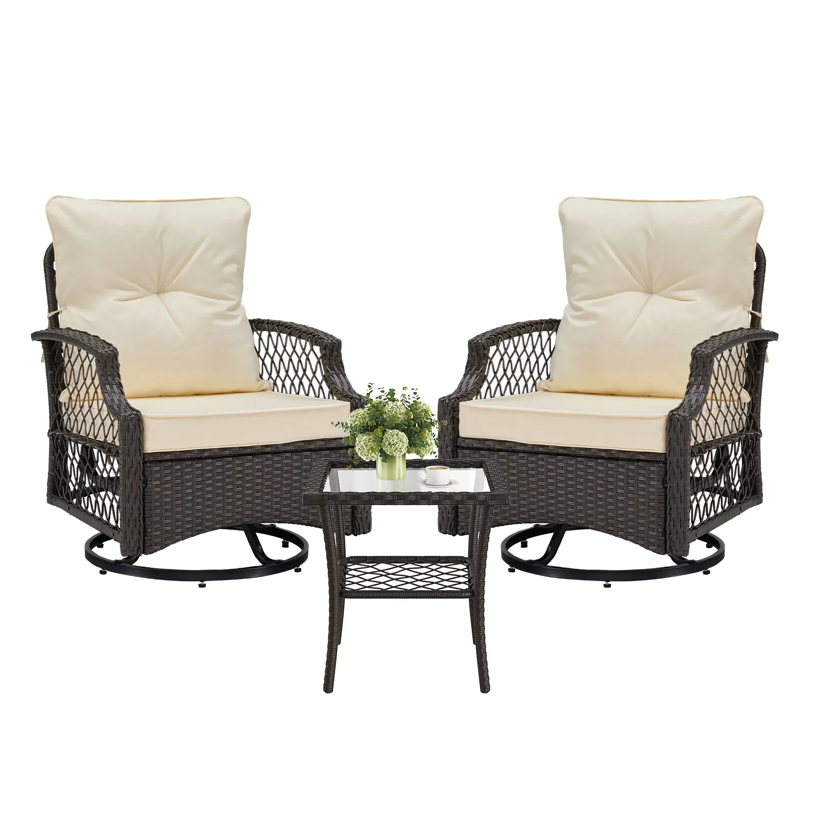 【Soohow】 3-Piece Swivel Patio Bistro Set, All-Weather Rattan Outdoor Furniture with Cushions & Table, High Back Swivel Glider Chairs for Porch, Backyard, Patio Furniture Sets, Porch Furniture Set