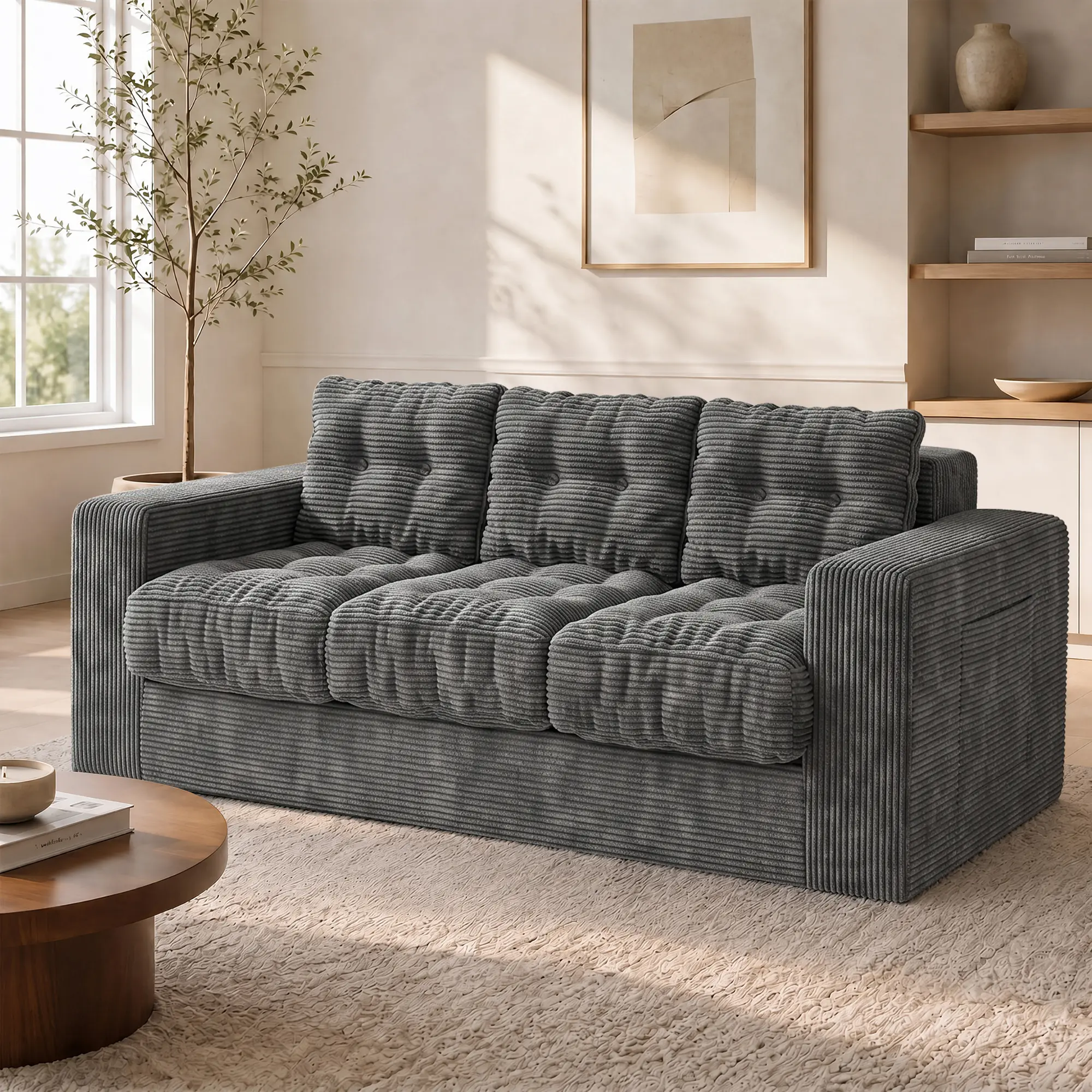 3-Seater Corduroy Convertible Folding Sofa Bed with High-Density Foam - Living Room Indoor Furniture Sofa Couch